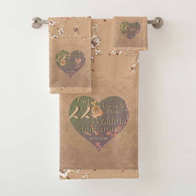 22nd Wedding Anniversary Coppery Heart Rose   Bath Towel Set (Insitu)