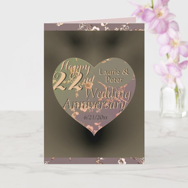 22nd Wedding Anniversary Coppery Heart Rose  Card (Orchid)