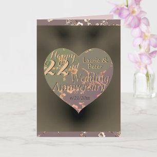 22nd Wedding Anniversary Coppery Heart Rose  Card