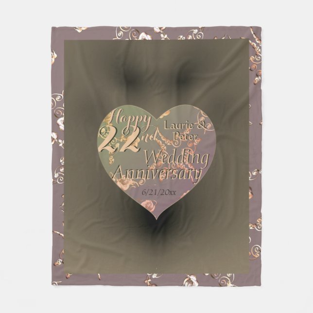 22nd Wedding Anniversary Coppery Heart Rose  Fleece Blanket (Front)