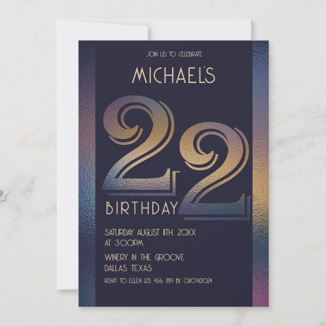 22th modern dark purple and gold birthday invitation (Front)