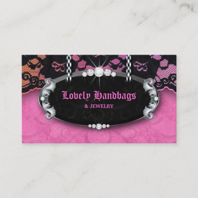 232 Elegant Jewellery N Lace Diamonds Pink Suede Business Card (Front)