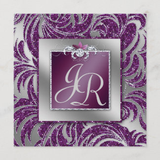 232 Elegant Wedding Leaf Floral Purple Sparkle Invitation