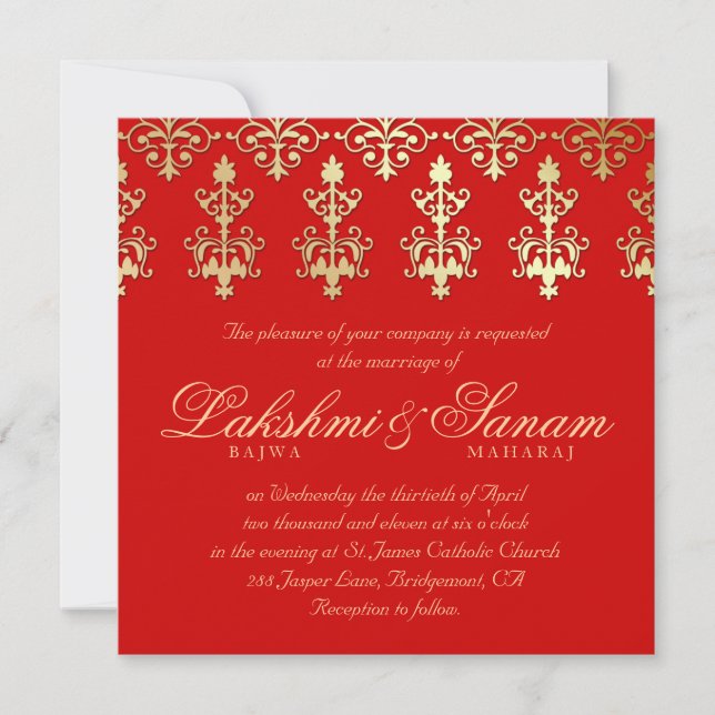 232 Indian Wedding Invite Damask Gold Autumn Red (Front)