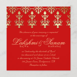232 Indian Wedding Invite Damask Gold Autumn Red