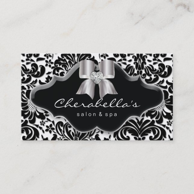 232 Salon Spa Silver Bow Jewel Damask Business Card (Front)