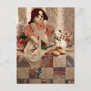 2390 Snowman Doll on Quilt Christmas Holiday Postcard