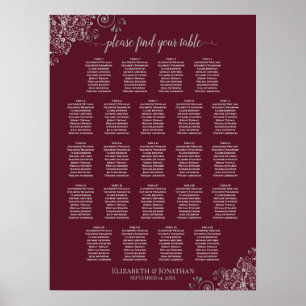 23 Table Burgundy & Silver Wedding Seating Chart