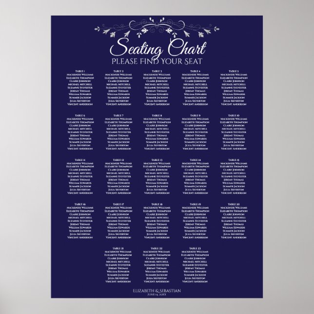 23 Table Elegant Navy Blue Wedding Seating Chart (Front)