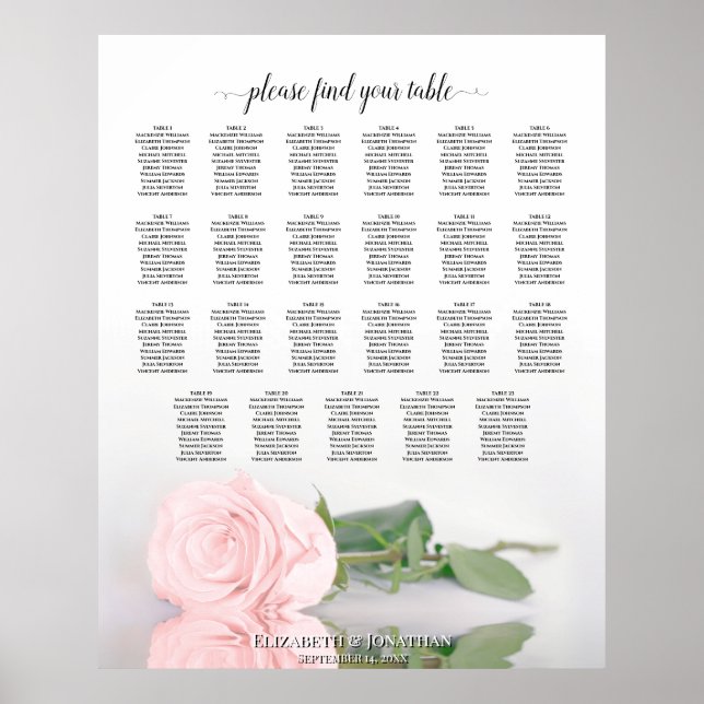 23 Table Elegant Pink Rose Wedding Seating Chart (Front)