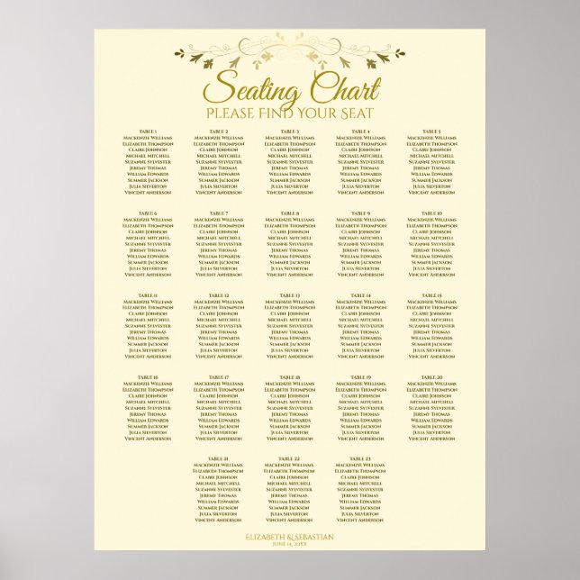 23 Table Gold Cream Elegant Wedding Seating Chart (Front)
