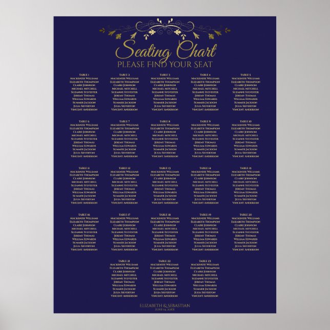 23 Table Gold & Navy Elegant Wedding Seating Chart (Front)