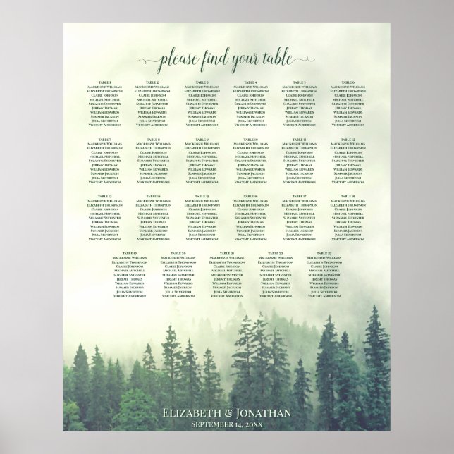 23 Table Green Mountain Pine Wedding Seating Chart (Front)