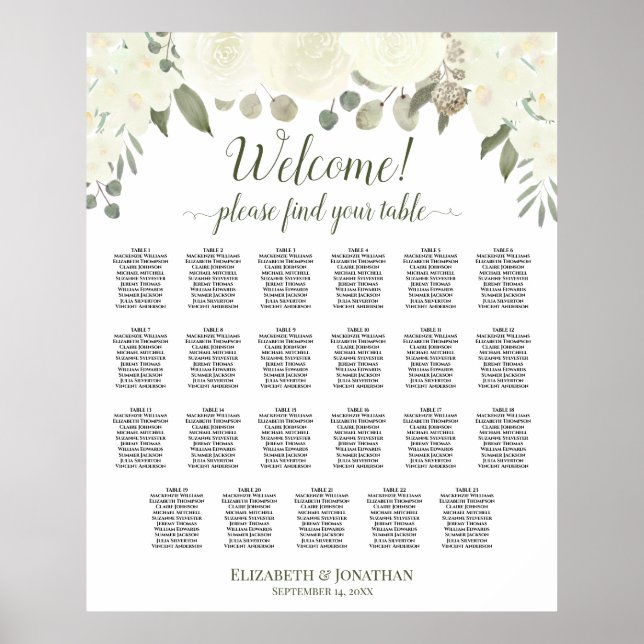 23 Table Ivory White Floral Wedding Seating Chart (Front)