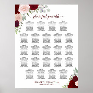 23 Table Red & Pink Floral Wedding Seating Chart