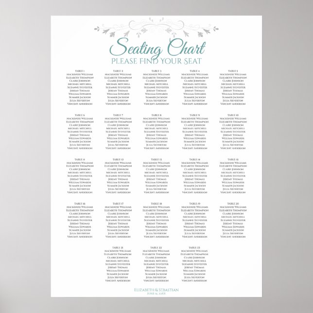 23 Table Simple Teal & White Wedding Seating Chart (Front)
