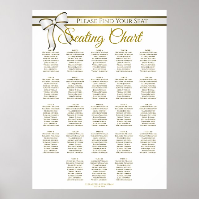 23 Table White & Gold Ribbon Wedding Seating Chart (Front)