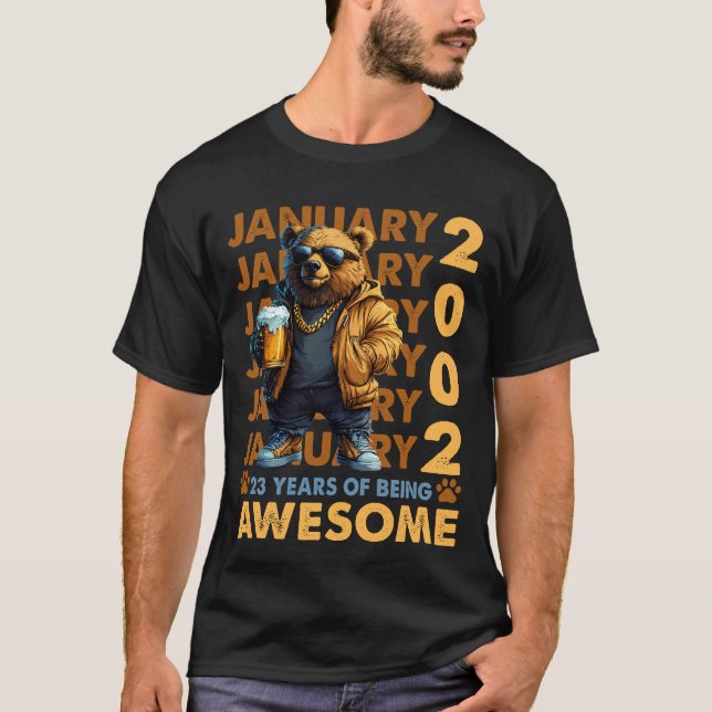23 Years Old Awesome Cool Bear Since January 2002 T-Shirt (Front)