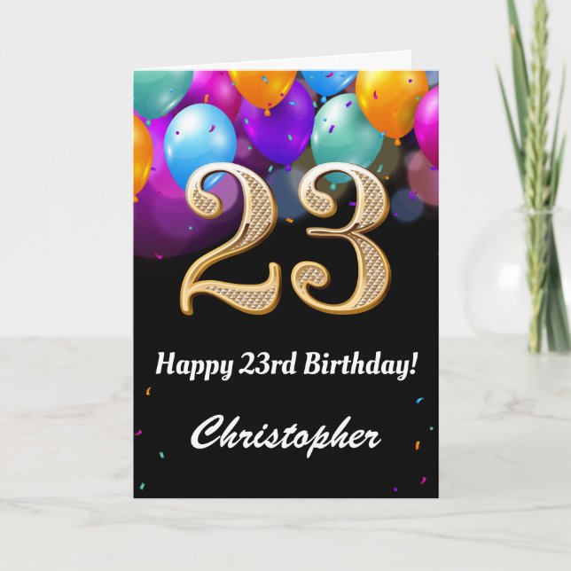 23rd Birthday Black and Gold Colourful Balloons Card (Front)