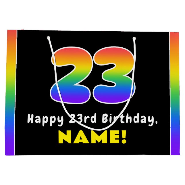 23rd Birthday: Colorful Rainbow # 23, Custom Name Large Gift Bag (Back)