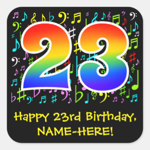 23rd Birthday: Colourful Music Symbols, Rainbow 23 Square Sticker