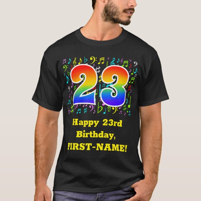 23rd Birthday: Colourful Music Symbols, Rainbow 23 T-Shirt (Front)