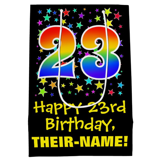 23rd Birthday: Colourful Stars Pattern & Rainbow 2 Medium Gift Bag (Back)