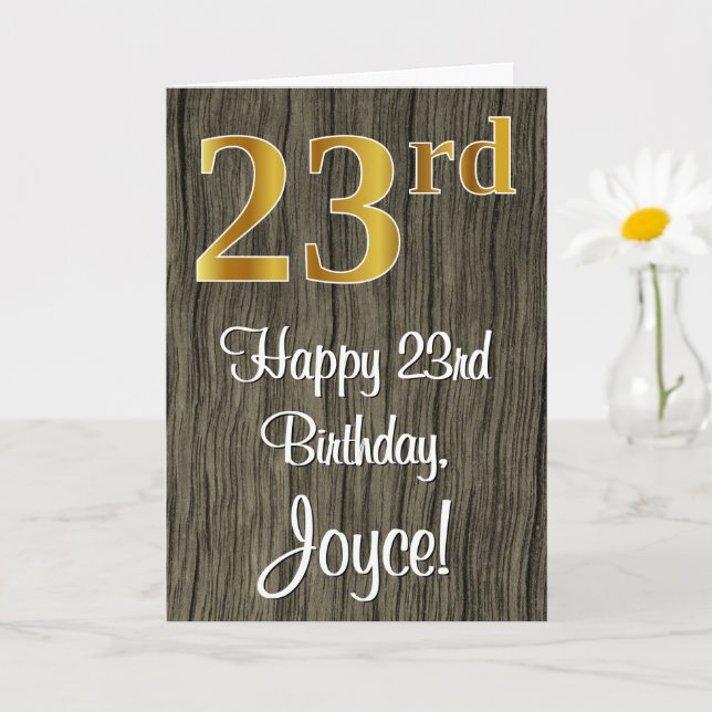 23rd Birthday: Elegant Faux Gold Look #, Faux Wood Card (Small Plant)