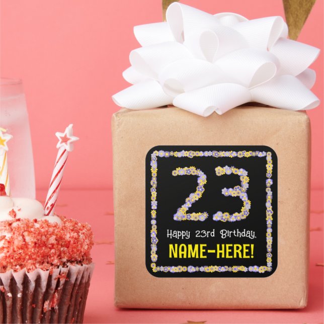 23rd Birthday: Floral Flowers Number, Custom Name Square Sticker (Party)