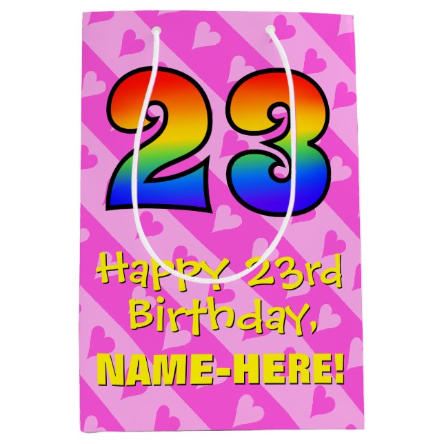 23rd Birthday: Fun Pink Hearts Stripes; Rainbow 23 Medium Gift Bag (Front)