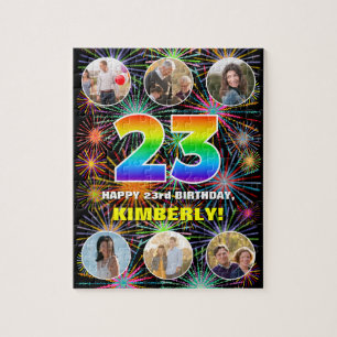 23rd Birthday: Fun Rainbow #, Custom Name + Photos Jigsaw Puzzle