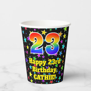 23rd Birthday: Fun Stars Pattern and Rainbow 23 Paper Cups