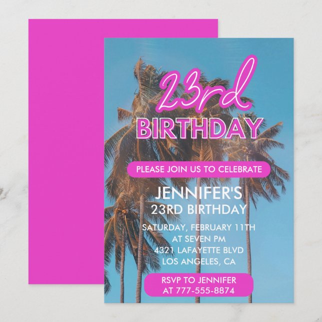 23rd birthday invitation Summer Pink Palm tree (Front/Back)