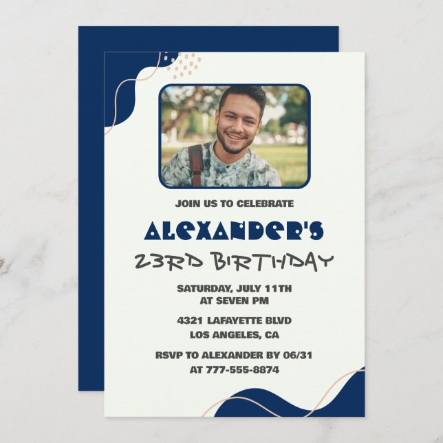 23rd birthday invitations Men Navy Simple Photo (Front/Back)