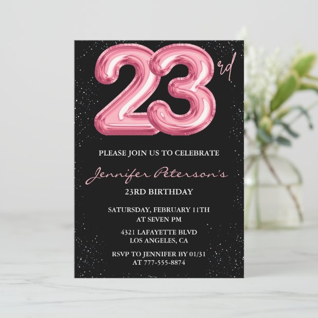 23rd birthday invitations Pink Balloon Glam Black  (Standing Front)
