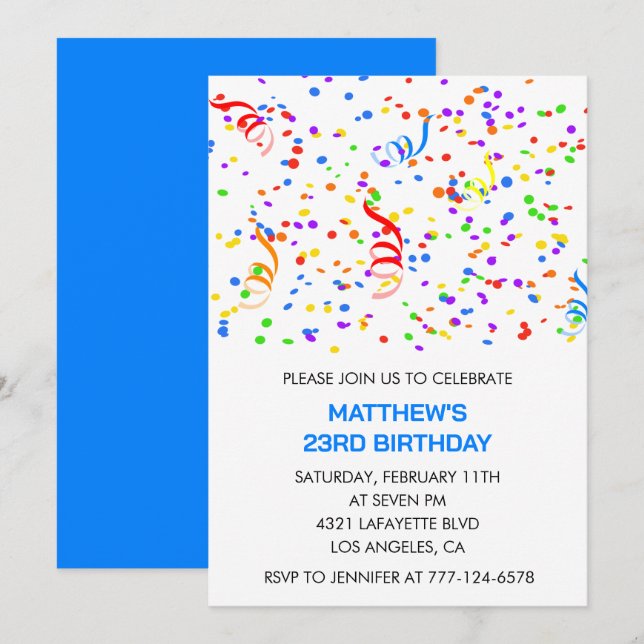23rd birthday invitations Rainbow Confetti Boy (Front/Back)