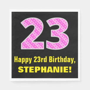 23rd Birthday: Pink Stripes and Hearts "23" + Name Napkin