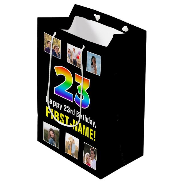 23rd Birthday: Rainbow “23“, Custom Photos & Name Medium Gift Bag (Front Angled)