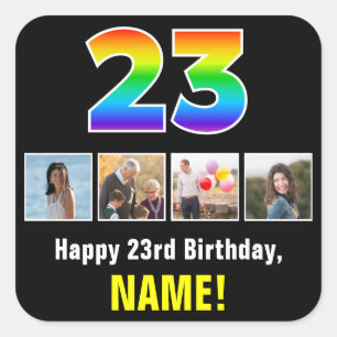 23rd Birthday: Rainbow “23”; Custom Photos & Name Square Sticker