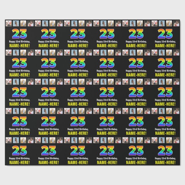 23rd Birthday: Rainbow “23“; Custom Photos & Name Wrapping Paper (Seam)