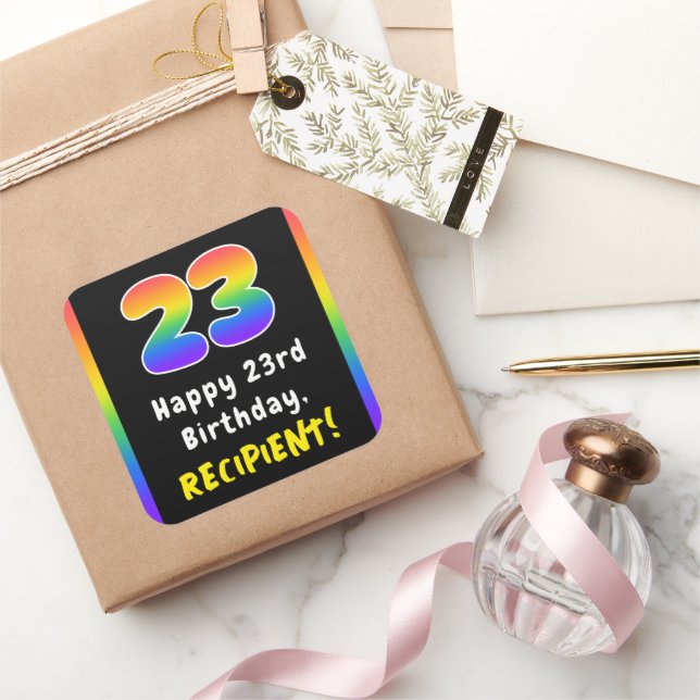 23rd Birthday: Rainbow Spectrum # 23, Custom Name Square Sticker (Gifting)