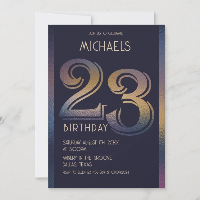 23th modern dark purple and gold birthday invitation (Front)
