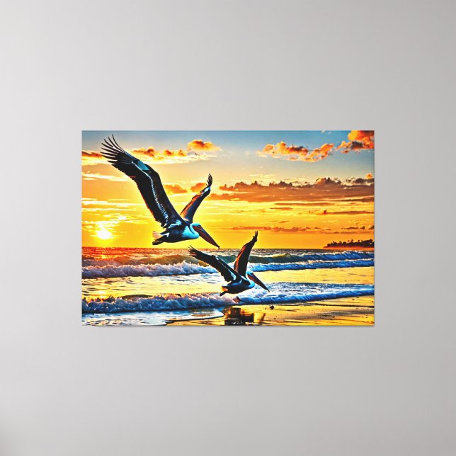 24_017, Pelicans Flying, Sunset Beach, Canvas Print (Front)