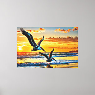 24_017, Pelicans Flying, Sunset Beach, Canvas Print