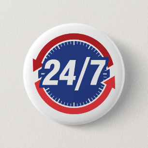 24/7 Hours Symbol w/ Clock Face & Time Arrows 6 Cm Round Badge