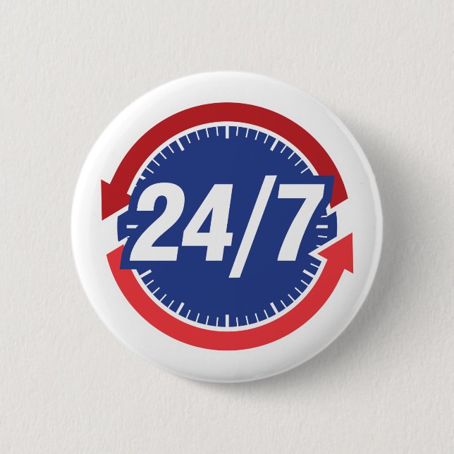 24/7 Hours Symbol w/ Clock Face & Time Arrows 6 Cm Round Badge (Front)