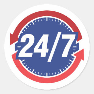 24/7 Hours Symbol w/ Clock Face & Time Arrows Classic Round Sticker