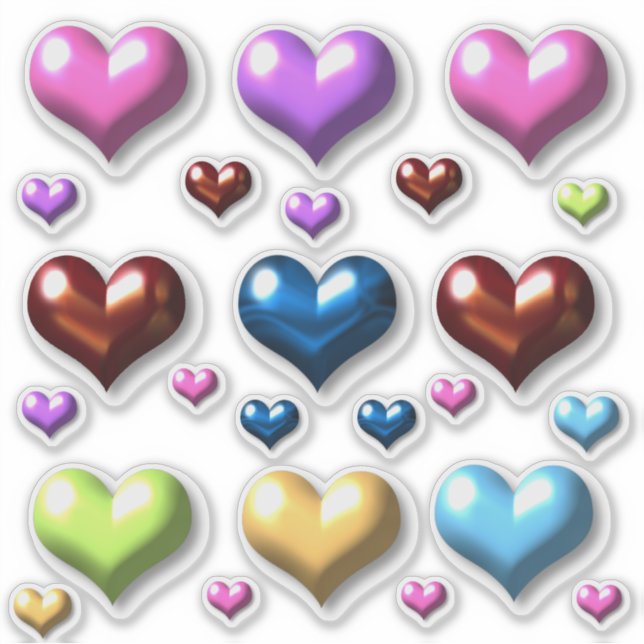 24 Faux 3D Colour Hearts Custom-Cut Vinyl Stickers (Front)
