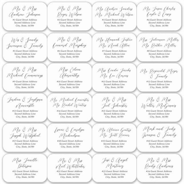24 Individual Black Wedding Guest Address Labels (Front)