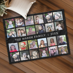 24 Photo Collage with Family Name Date - black Fleece Blanket